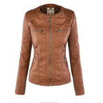 Camel brown faux-leather biker hoodie jacket front view with dual chest zippers