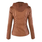 Camel brown biker hoodie jacket back view with adjustable hood and seam panels