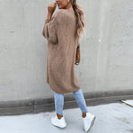 Long taupe knit cardigan with open front and side pockets, side profile