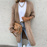 Long taupe knit cardigan with open front and side pockets, draped hem