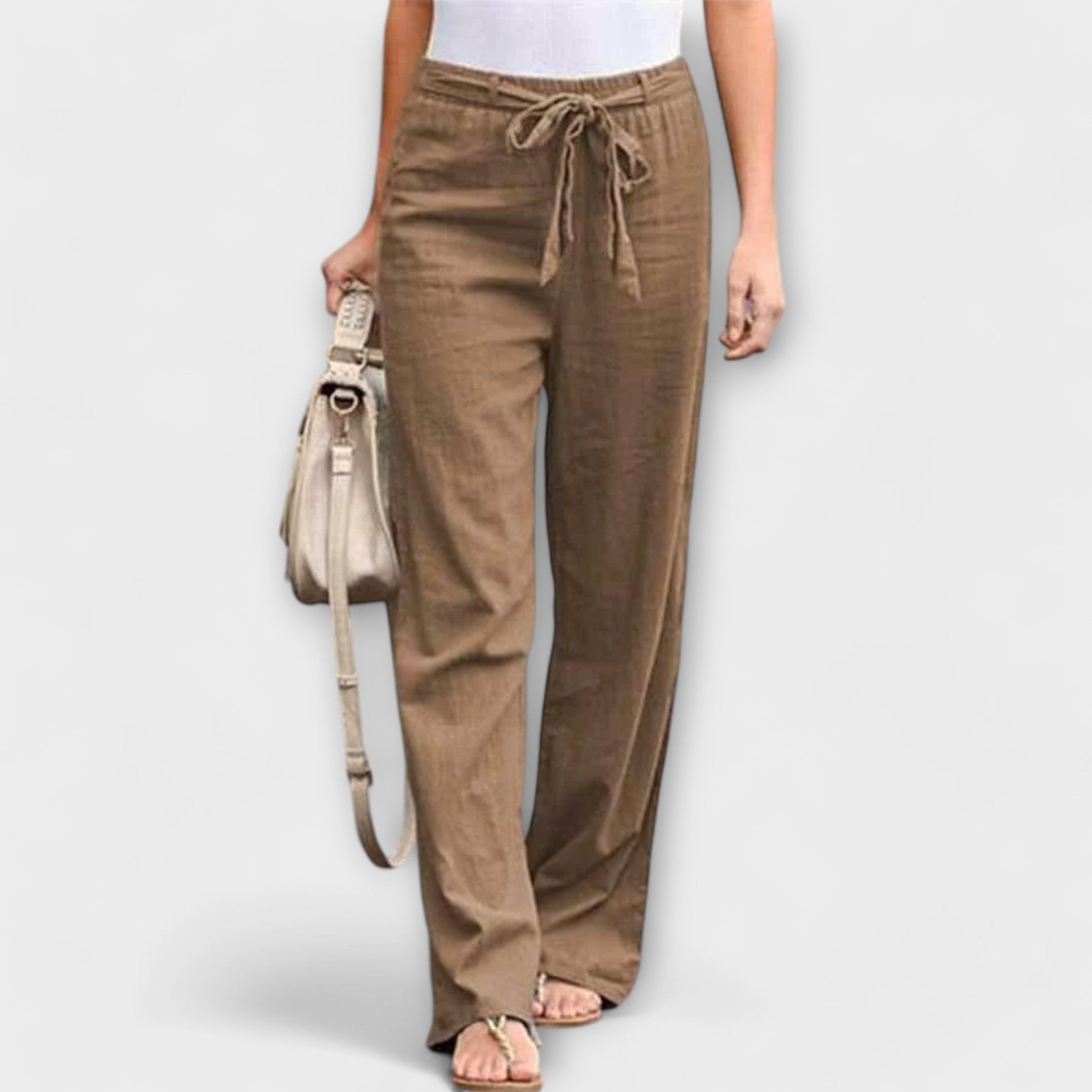 Linen pants with drawstring waist in brown