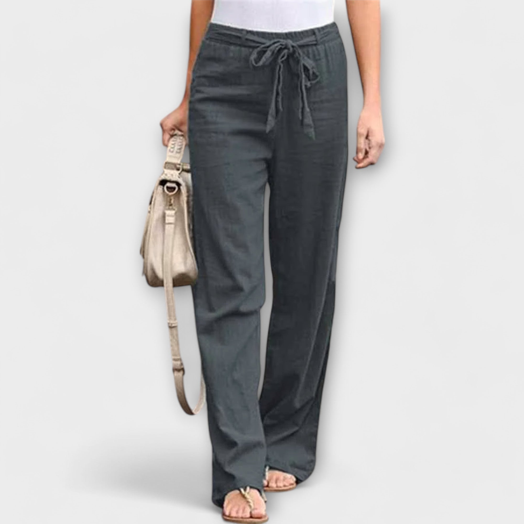 Linen pants in dark gray with drawstring waist and wide legs