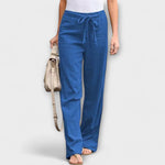 Blue linen pants with a drawstring waist and relaxed straight-leg fit