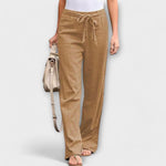 Linen pants with drawstring waist in light brown, wide-leg fit
