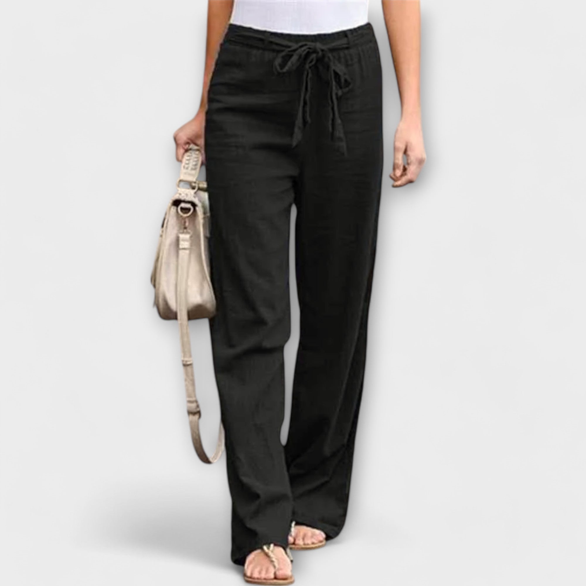 Black linen pants with drawstring waist on model