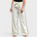 Linen wide-leg pants with tie waist in light beige