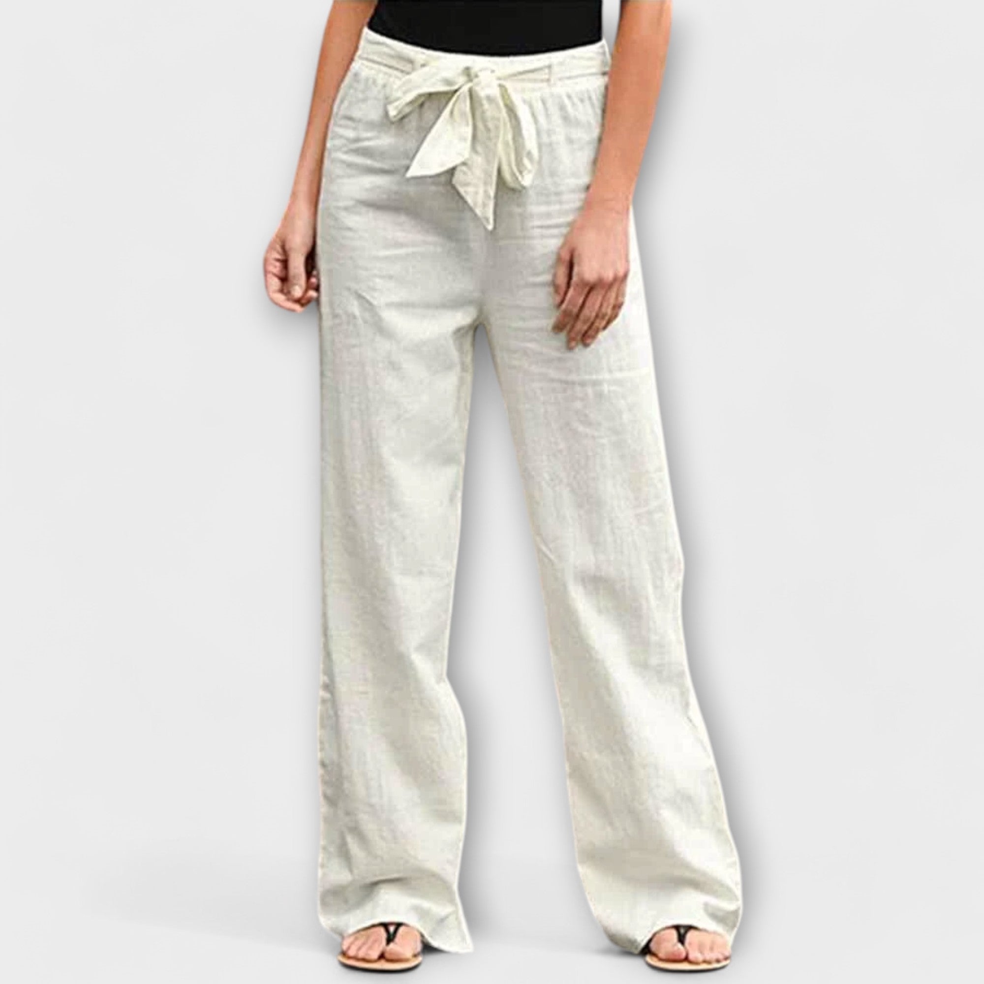 Linen wide-leg pants with tie waist in light beige