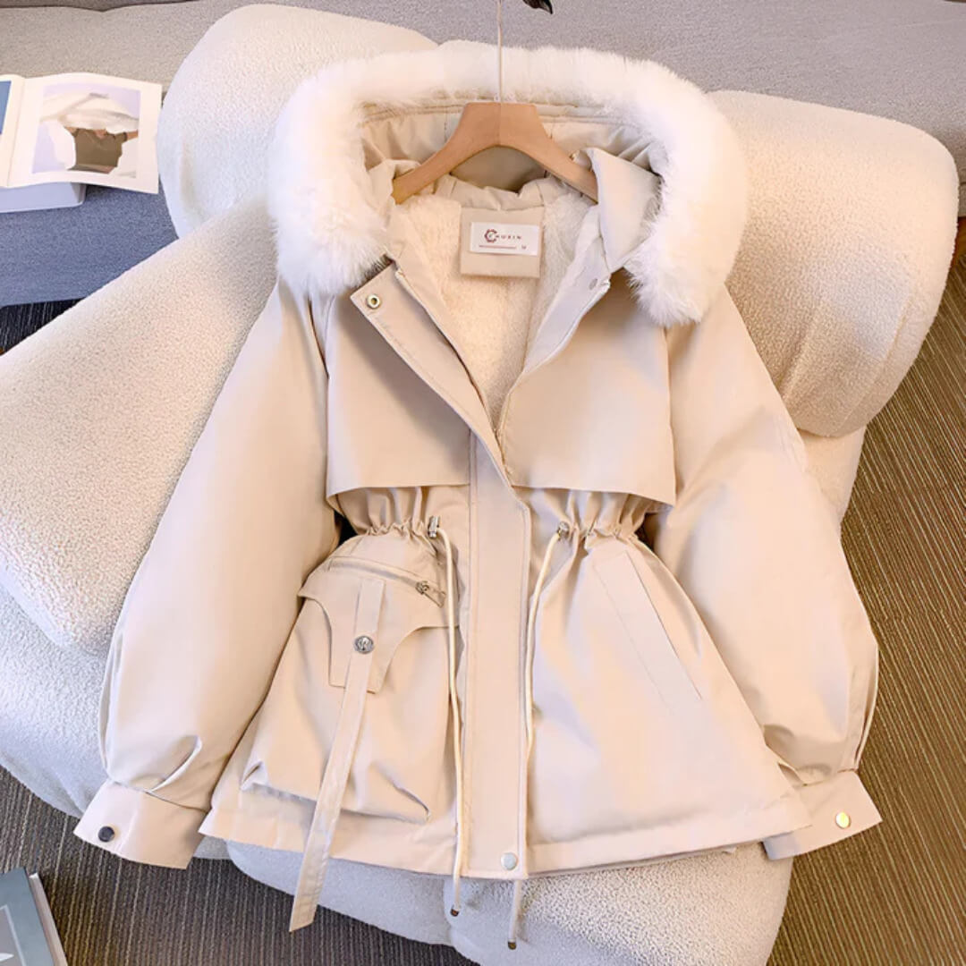 White hooded puffer jacket with faux-fur trim, drawstring waist, and front pockets