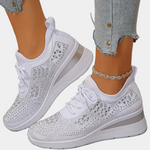 White knit lace-up platform sneakers with breathable mesh and thick cushioned sole