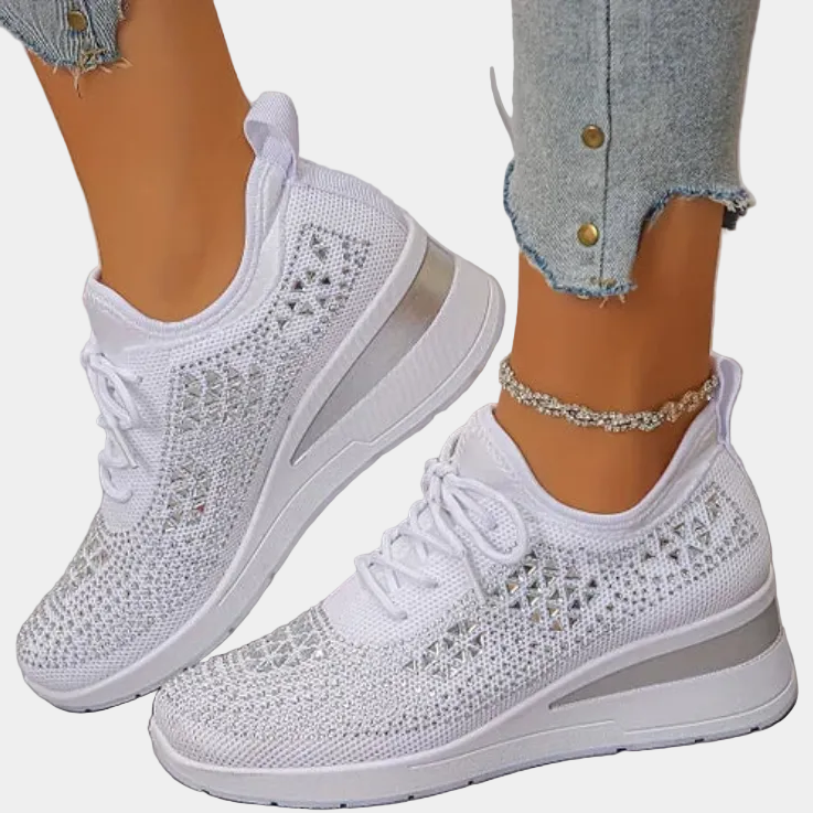 White knit lace-up platform sneakers with breathable mesh and thick cushioned sole