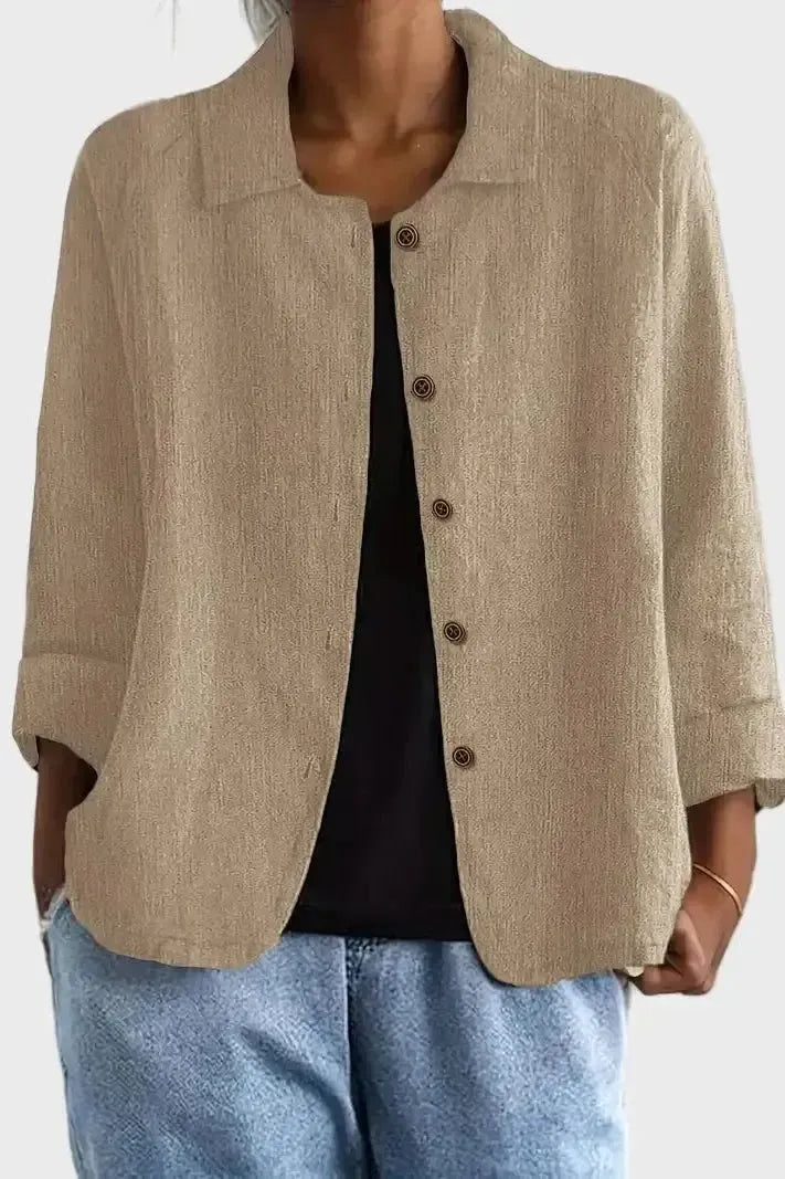 Khaki button-front blazer with notch collar and long sleeves