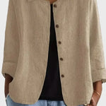 Khaki button-front blazer with notch collar and long sleeves