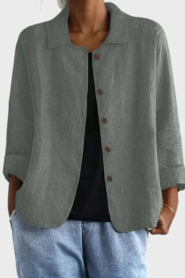 Gray button-front blazer jacket with notch collar and long sleeves