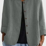 Gray button-front blazer jacket with notch collar and long sleeves