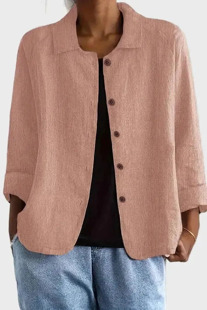 Light rose button-front jacket with notch collar and long sleeves