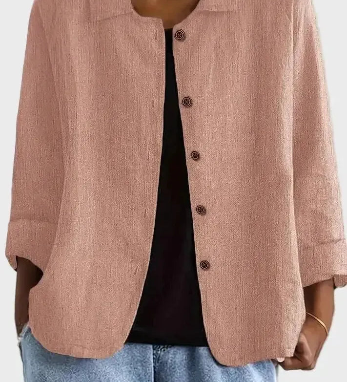 Light rose button-front jacket with notch collar and long sleeves