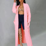 Women's long light pink textured cardigan with open front and long sleeves