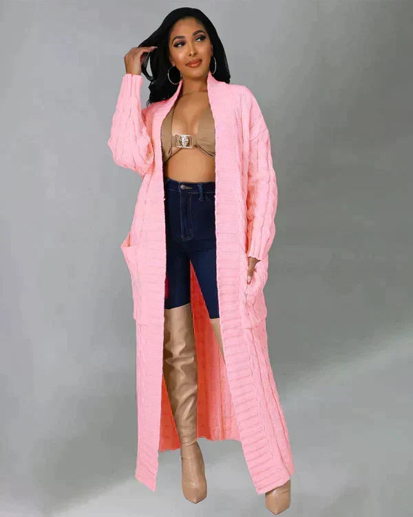 Women's long light pink textured cardigan with open front and long sleeves