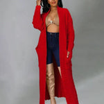 Women's long red textured cardigan with open front and long sleeves