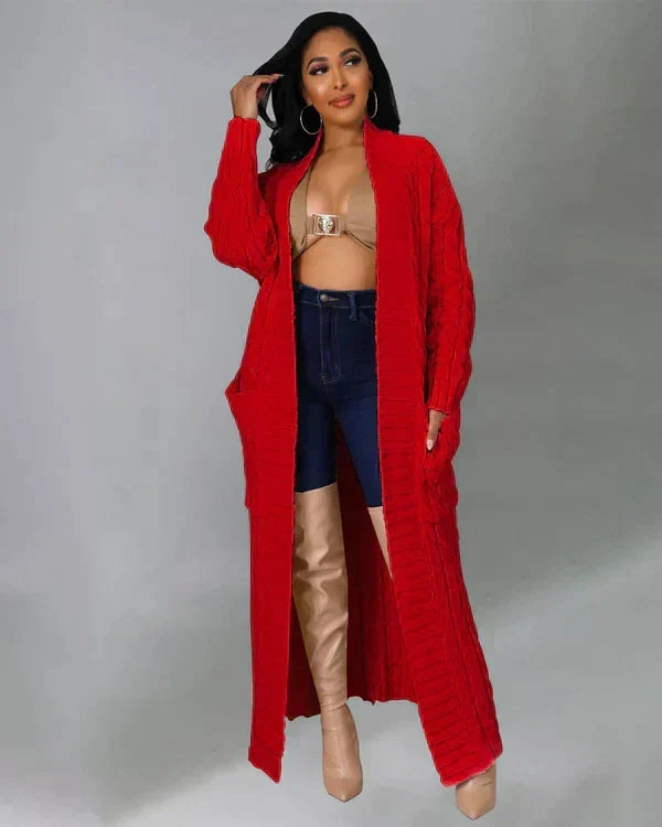 Women's long red textured cardigan with open front and long sleeves