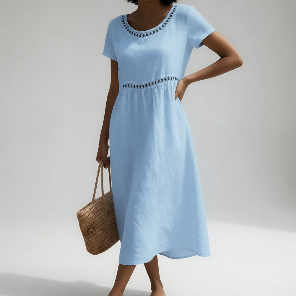 Light blue embroidered midi dress with round eyelet-trim neckline and short sleeves