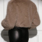 Lumia faux fur short jacket back view, taupe, long sleeves, cropped fit
