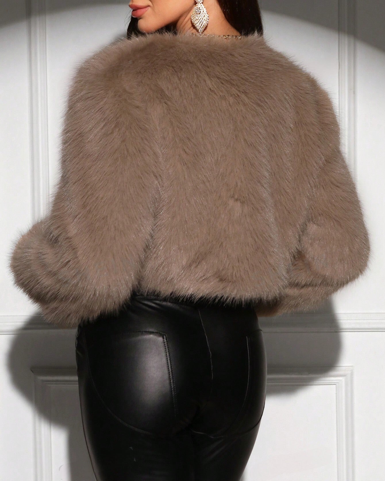 Lumia faux fur short jacket back view, taupe, long sleeves, cropped fit