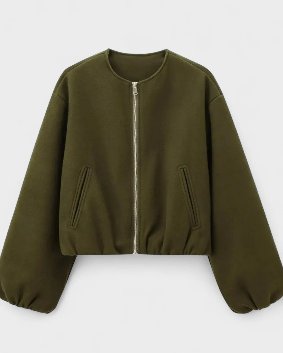 Olive green cropped zip-front bomber jacket with elastic cuffs and side pockets