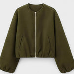 Olive green cropped zip-front bomber jacket with elastic cuffs and side pockets