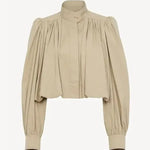 Khaki short loose jacket with button placket, pleated shoulders, and balloon sleeves