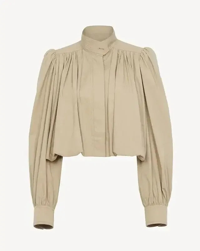 Khaki short loose jacket with button placket, pleated shoulders, and balloon sleeves