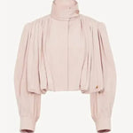 Pink short loose jacket with button front, pleated shoulders, and balloon sleeves