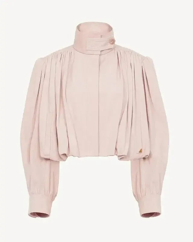 Pink short loose jacket with button front, pleated shoulders, and balloon sleeves