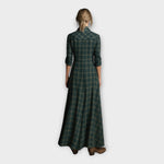 Women’s dark green plaid shirt dress, back view with collar and 3/4 sleeves