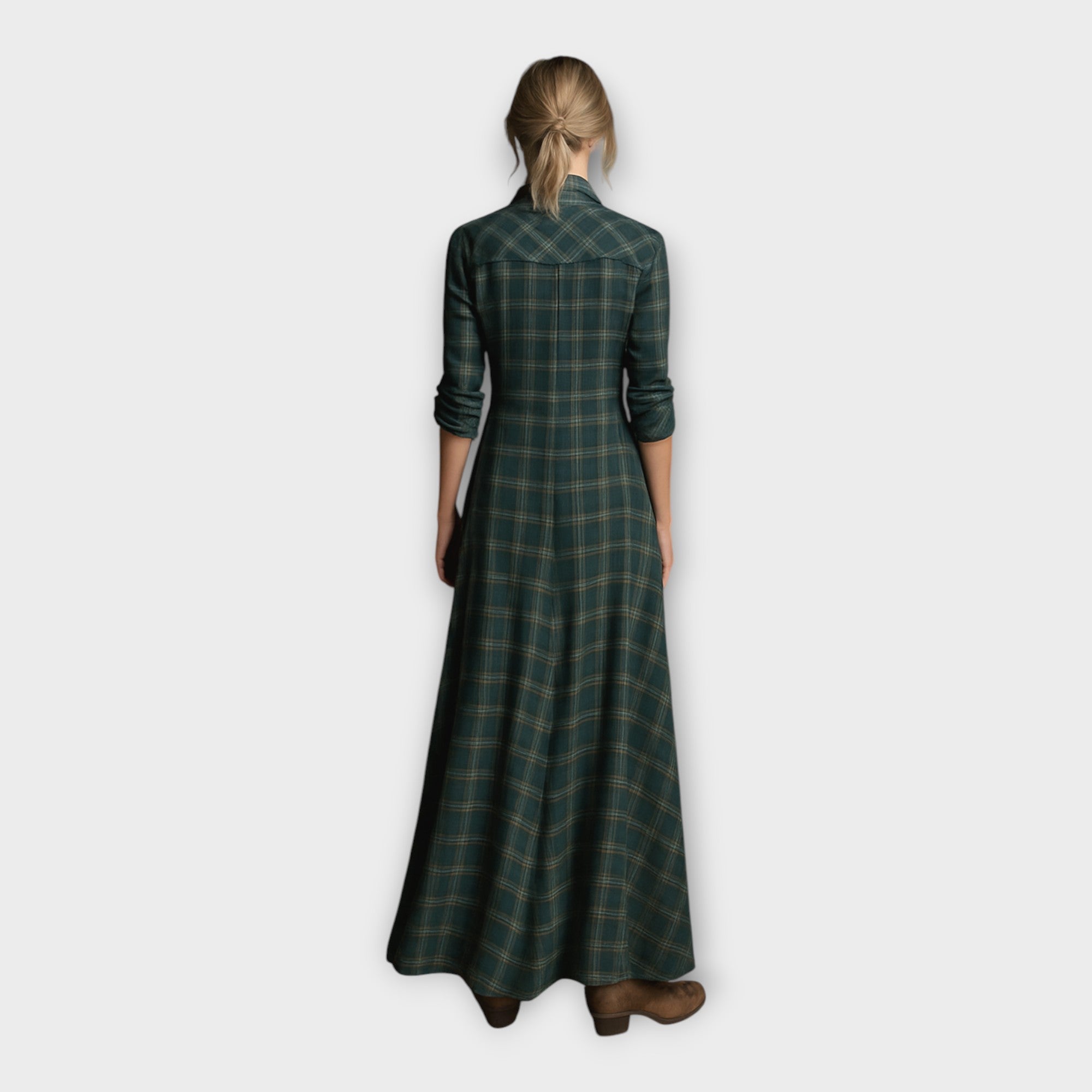 Women’s dark green plaid shirt dress, back view with collar and 3/4 sleeves