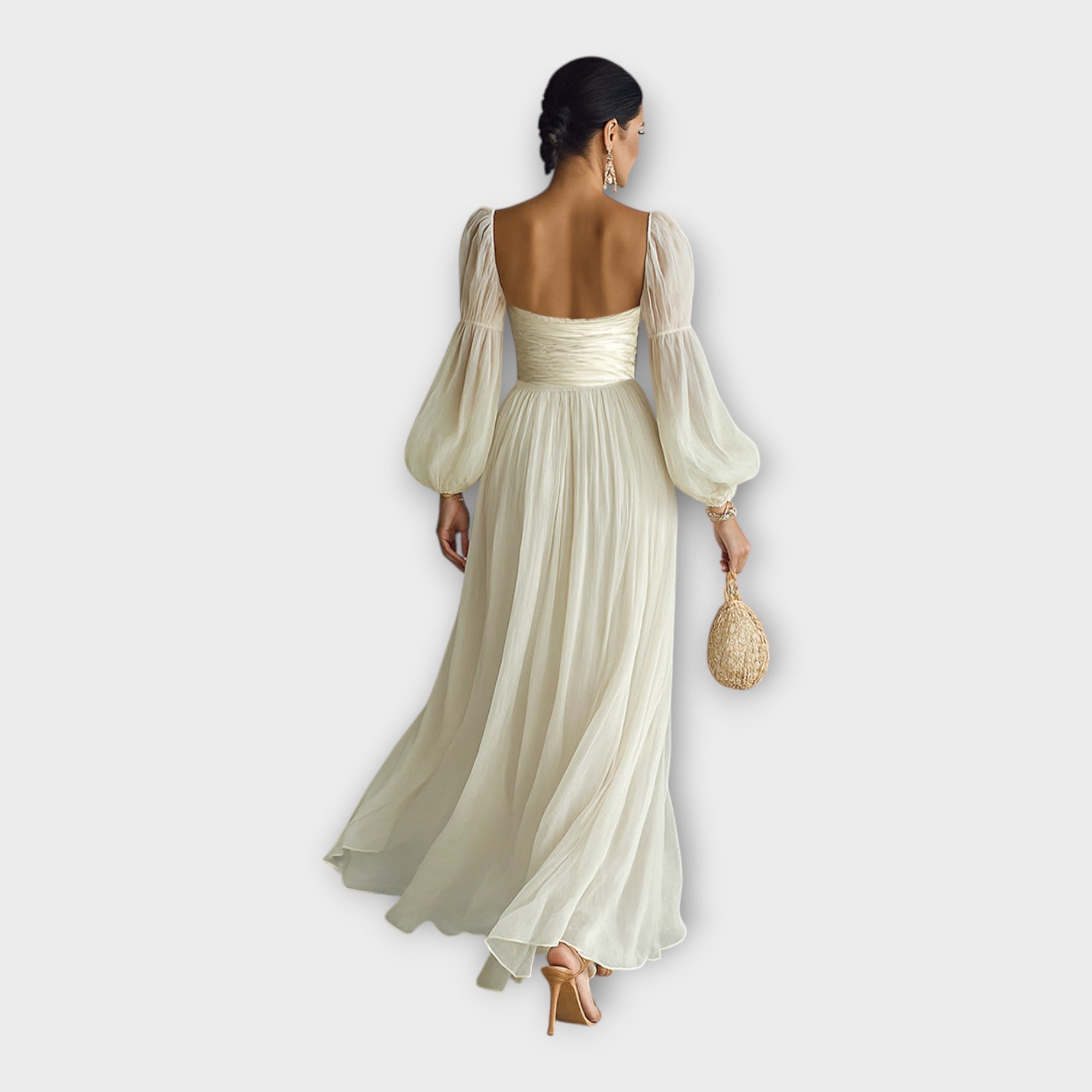Light cream romantic maxi dress, open back with smocked bodice, long flowing skirt