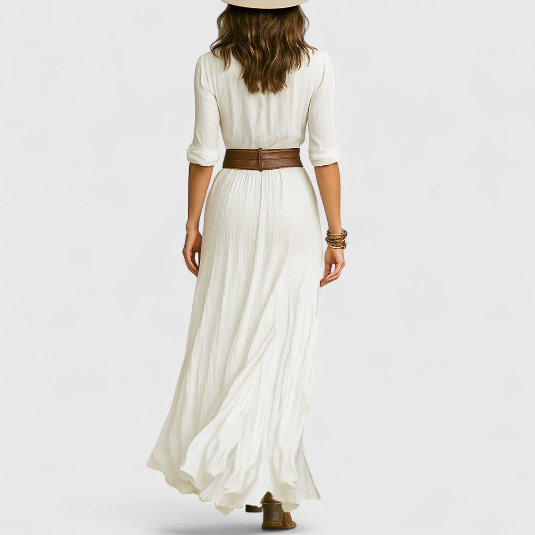 White long linen gathered skirt dress with half sleeves and tied waist belt