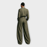 Dark olive green matching shirt and balloon pants set, back view with belt loops