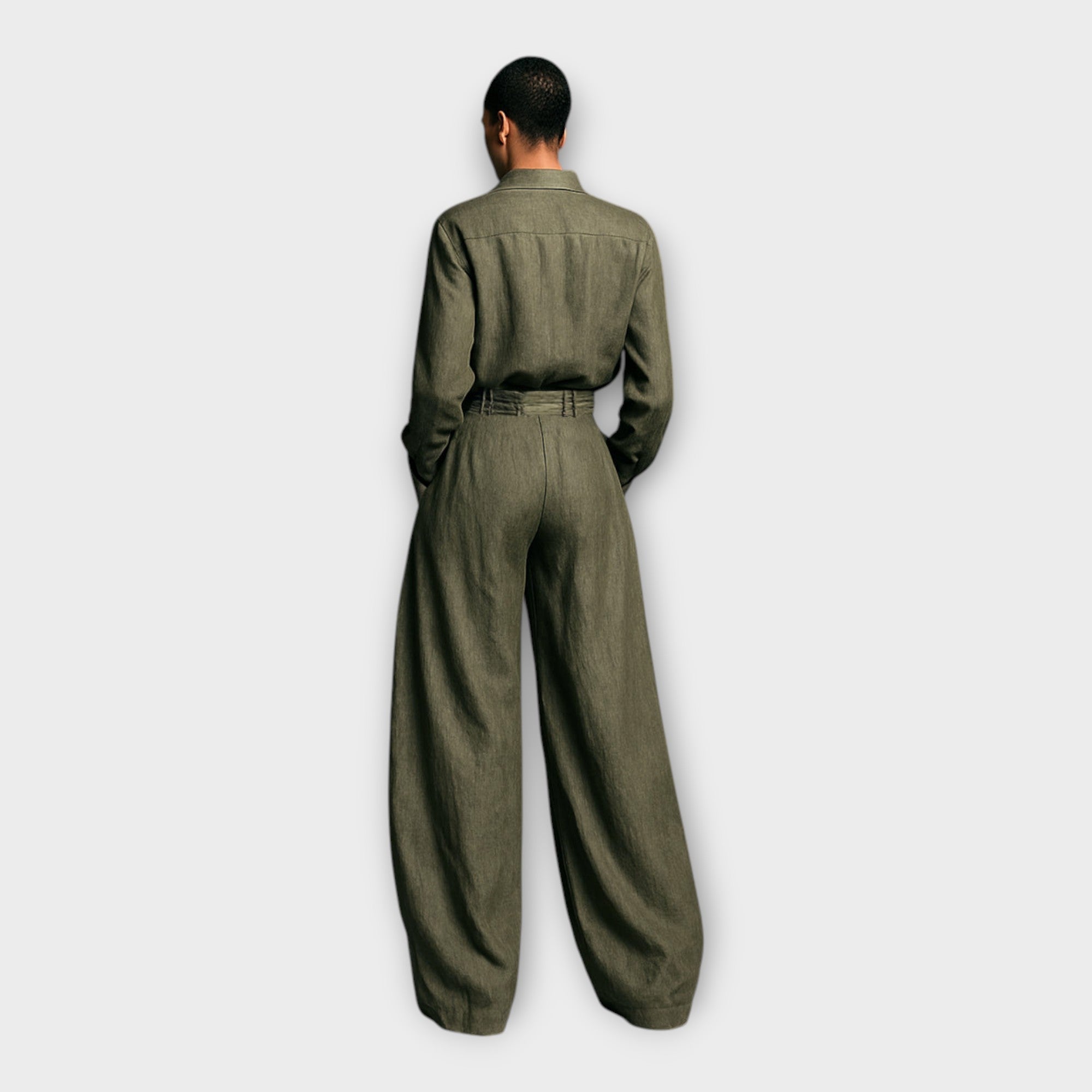 Dark olive green matching shirt and balloon pants set, back view with belt loops