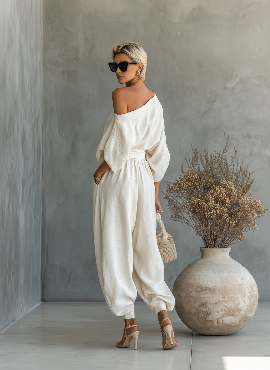 Selene cream off-shoulder top and loose harem pants set with tie waist