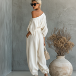 Selene cream off-shoulder top and loose harem pants set with tie waist