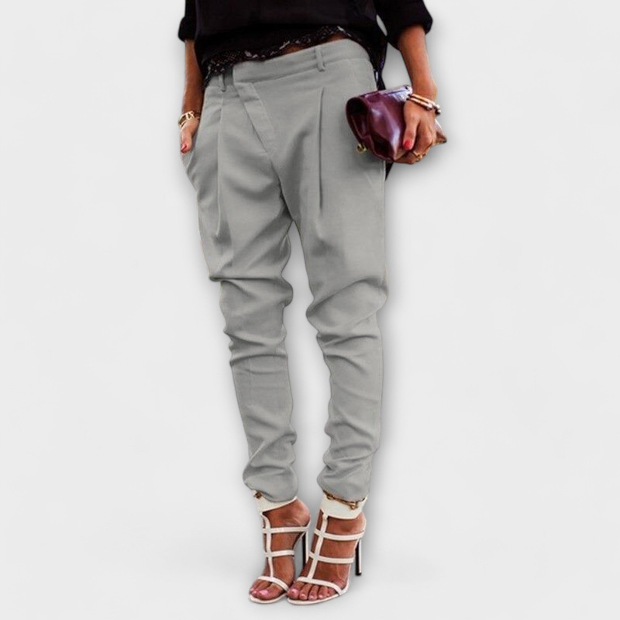 Elegant trousers, gray, pleated front and tapered legs