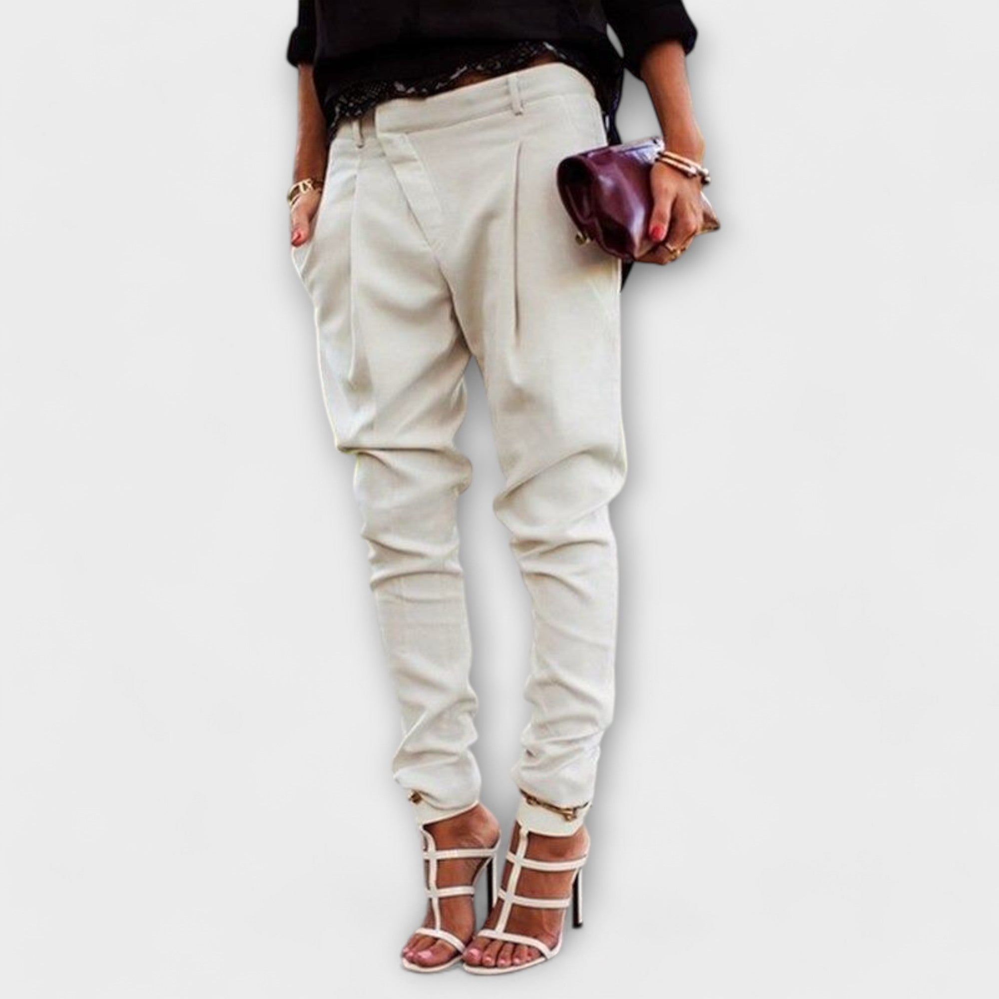Elegant trousers, light beige, pleated front and tapered legs