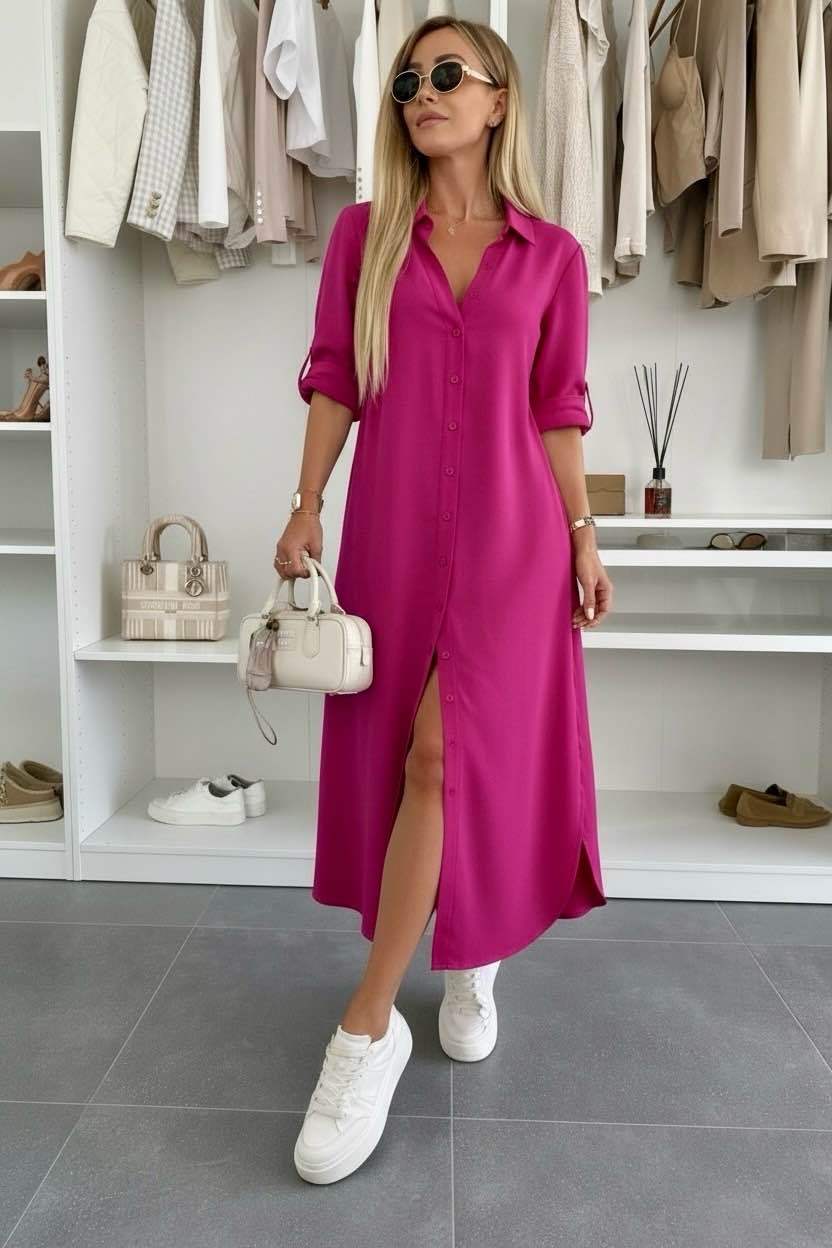 Oversized shirt dress in fuchsia pink, button-front, short sleeves, side slit hem