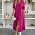 Oversized shirt dress in fuchsia pink, button-front, short sleeves, side slit hem