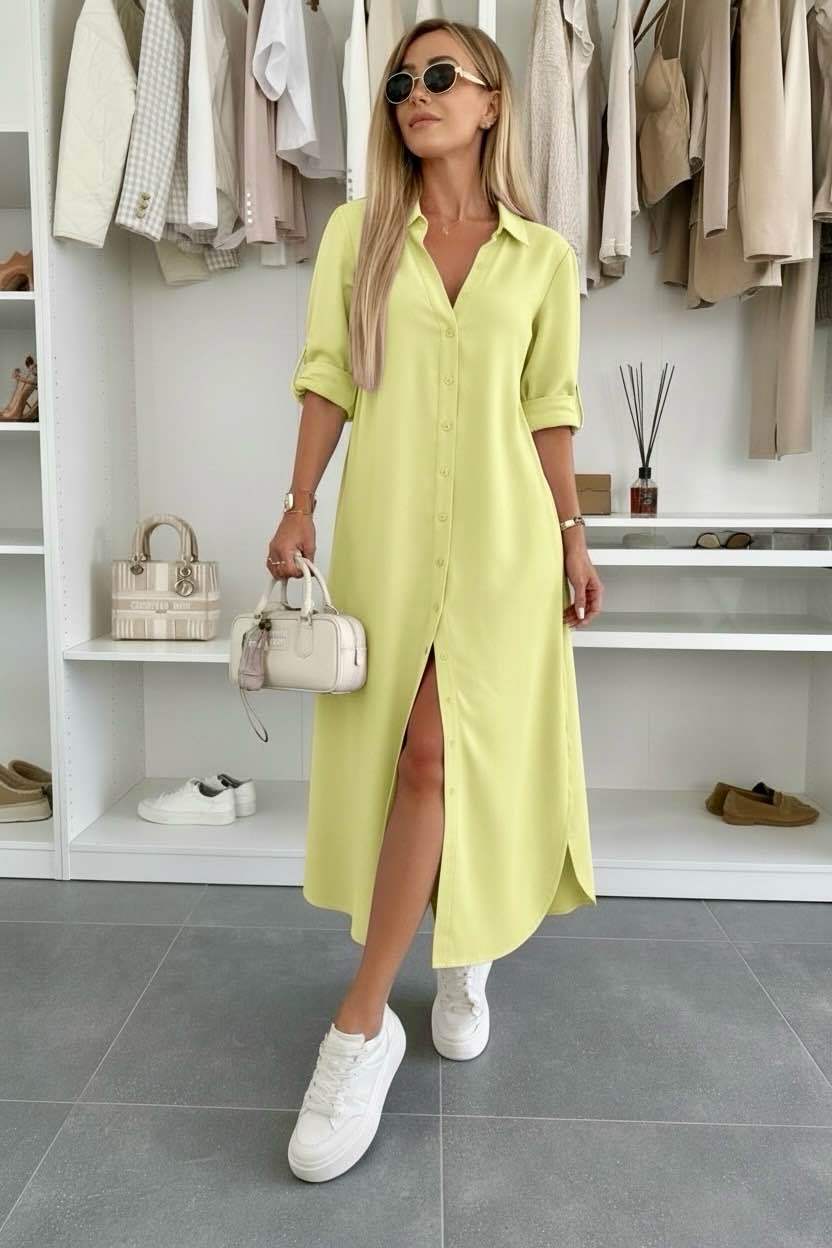 Oversized shirt dress in light lime green, button-front, short sleeves, side slit hem