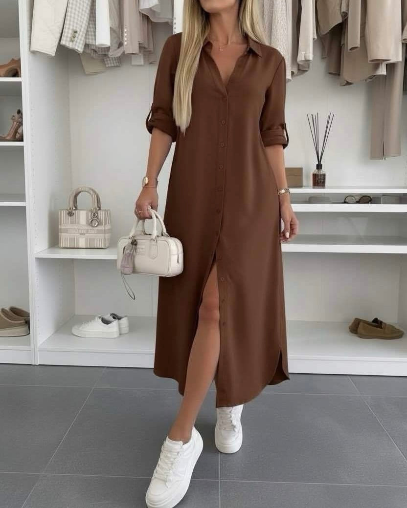 Oversized shirt dress in dark brown, short sleeves, V-neck, front button placket