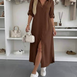 Oversized shirt dress in dark brown, short sleeves, V-neck, front button placket