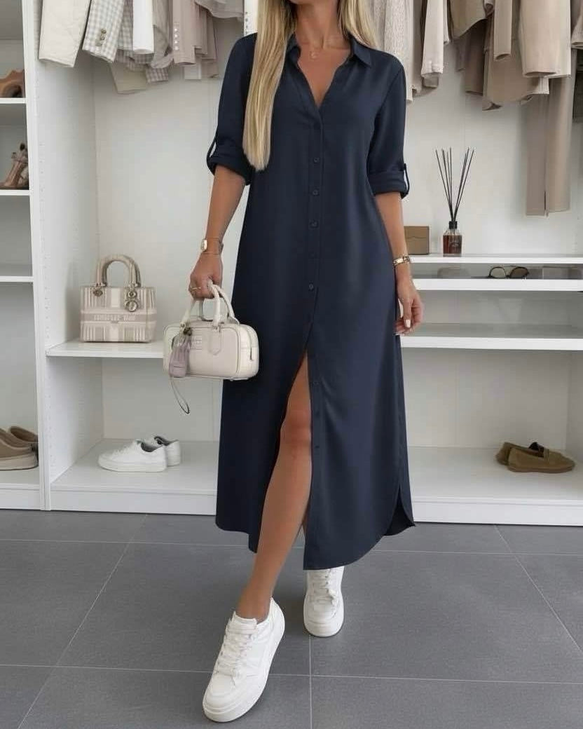 Oversized shirt dress in dark navy, button-front, short sleeves, side slit hem