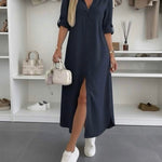 Oversized shirt dress in dark navy, button-front, short sleeves, side slit hem